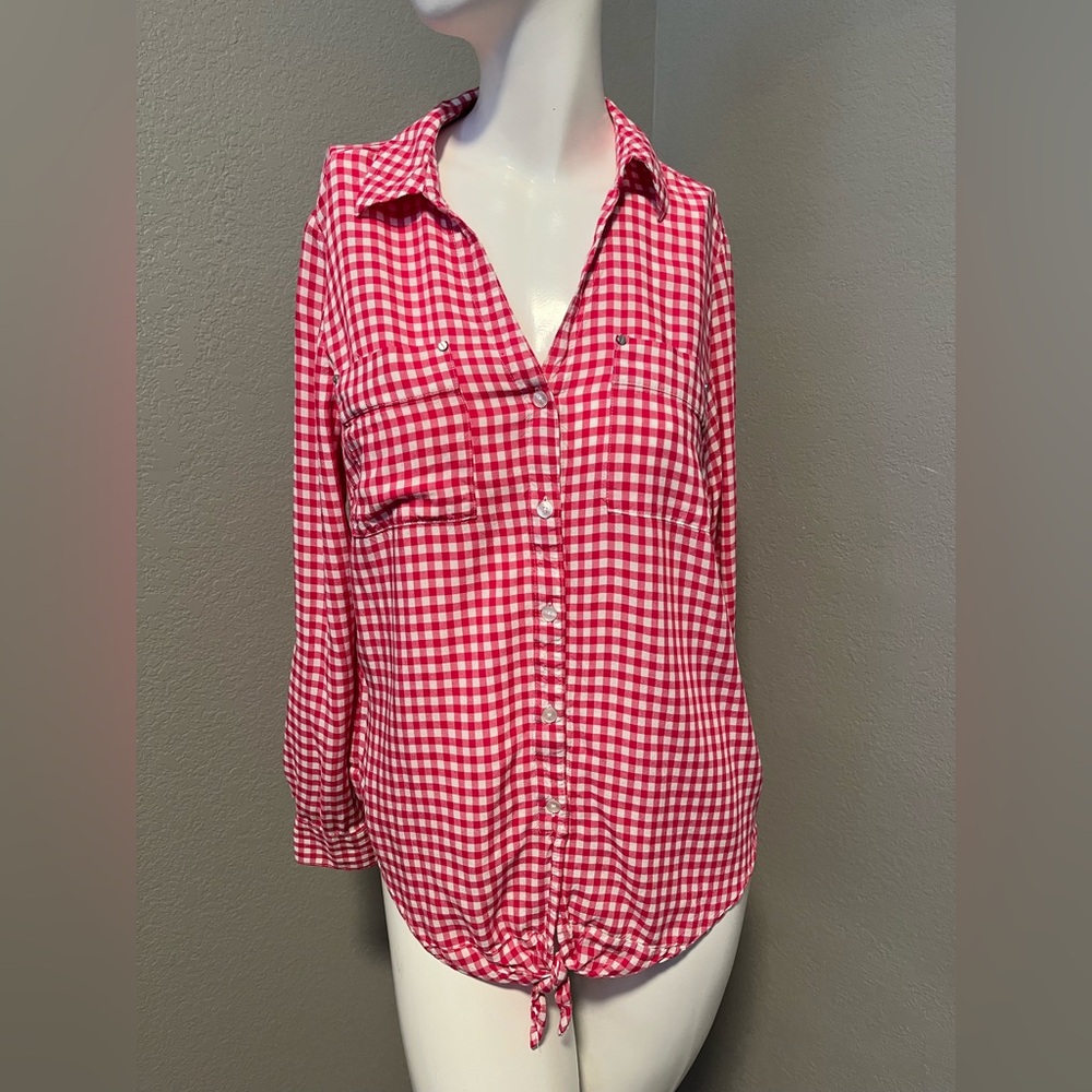Jones New York Women’s Red & White Gingham  BD Long Roll Tab Sleeve Shirt Size S